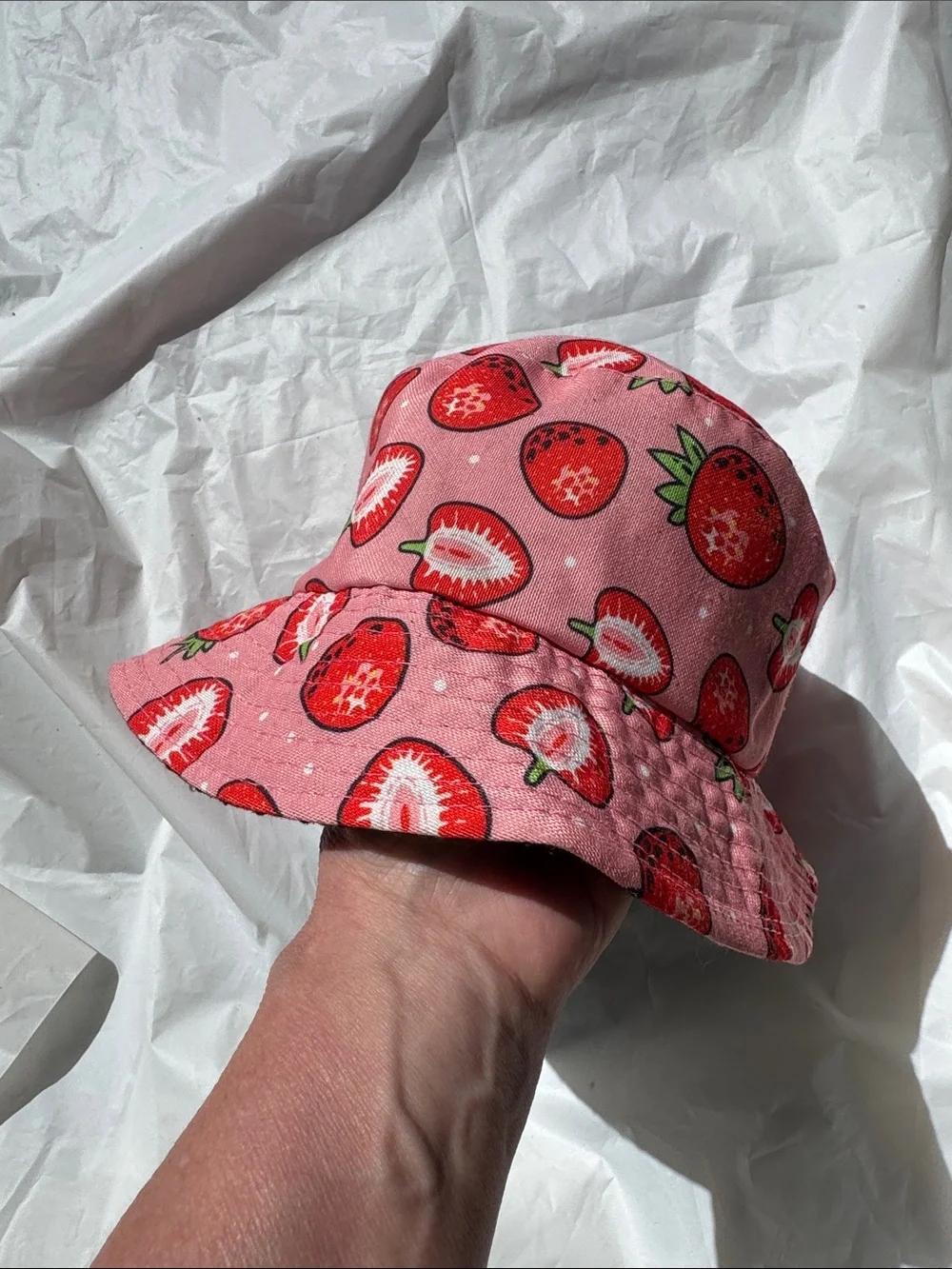 Pink Strawberry Print Bucket Hat